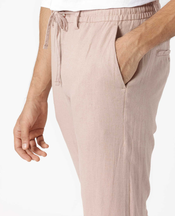 Rare Rabbit Men's Linac Dusky Pink Solid Drawstring With Elastic Waistband Regular Fit Linen Trouser