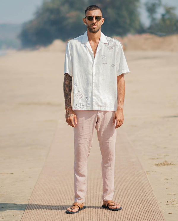 Rare Rabbit Men's Linac Dusky Pink Solid Drawstring With Elastic Waistband Regular Fit Linen Trouser