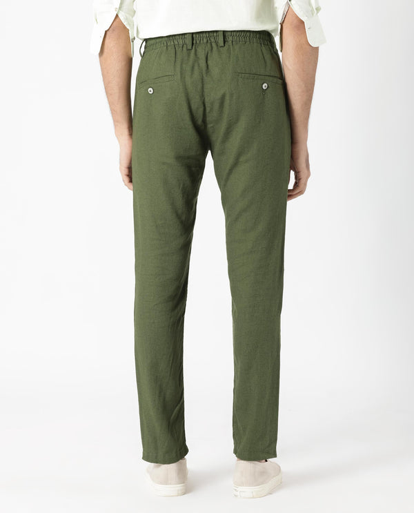 Rare Rabbit Men's Linac Olive Solid Drawstring With Elastic Waistband Regular Fit Linen Trouser