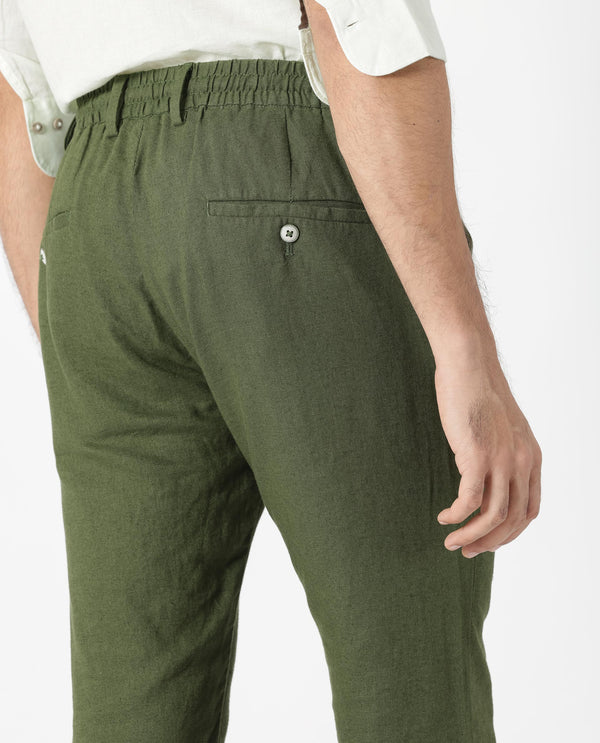 Rare Rabbit Men's Linac Olive Solid Drawstring With Elastic Waistband Regular Fit Linen Trouser