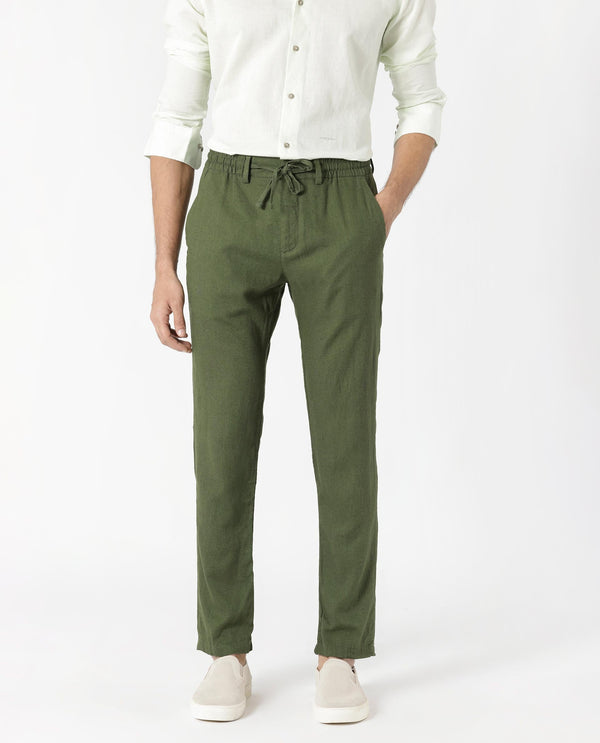 Rare Rabbit Men's Linac Olive Solid Drawstring With Elastic Waistband Regular Fit Linen Trouser