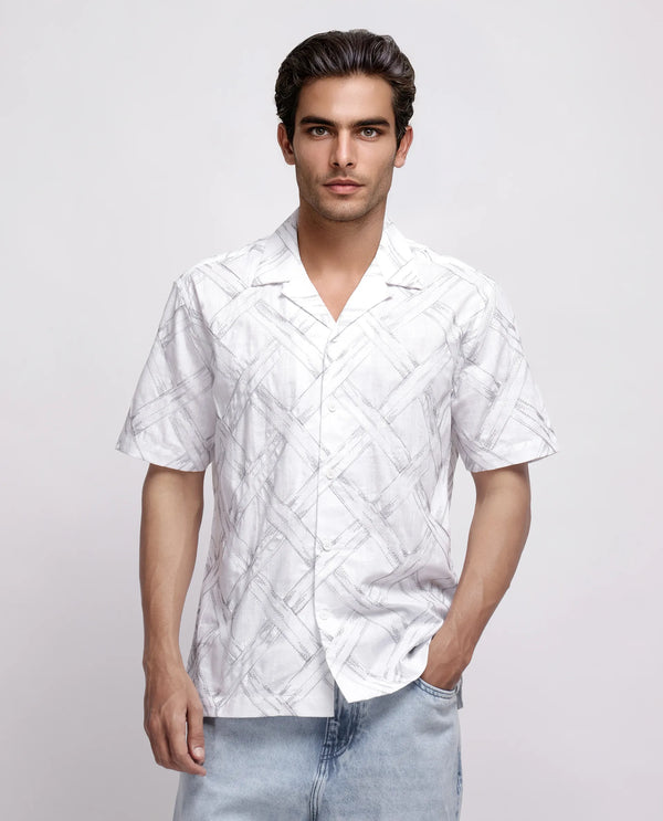 Rare Rabbit Men's Lina White Cotton Fabric Short Sleeve Cuban Neck Button Closure Embroidered Shirt