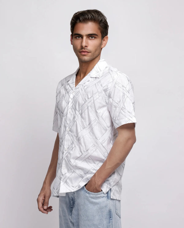Rare Rabbit Men's Lina White Cotton Fabric Short Sleeve Cuban Neck Button Closure Embroidered Shirt