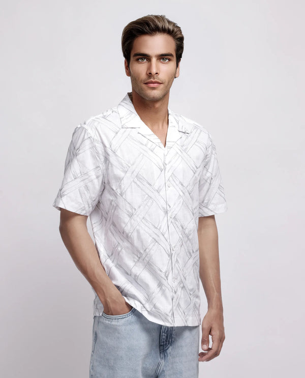 Rare Rabbit Men's Lina White Cotton Fabric Short Sleeve Cuban Neck Button Closure Embroidered Shirt