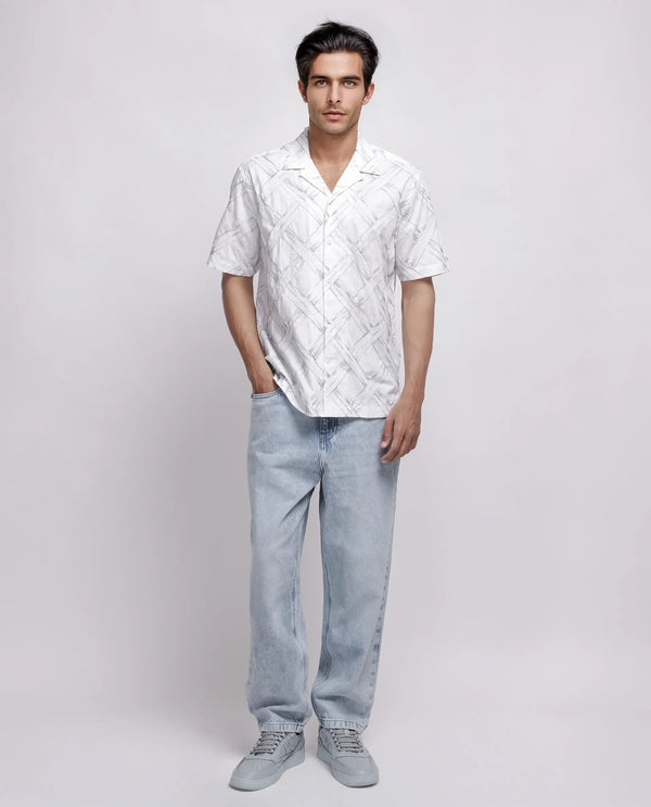 Rare Rabbit Men's Lina White Cotton Fabric Short Sleeve Cuban Neck Button Closure Embroidered Shirt