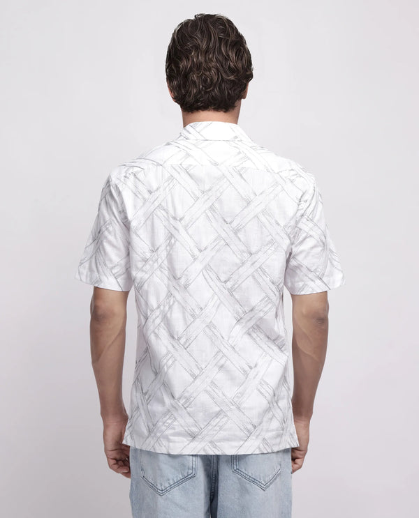 Rare Rabbit Men's Lina White Cotton Fabric Short Sleeve Cuban Neck Button Closure Embroidered Shirt