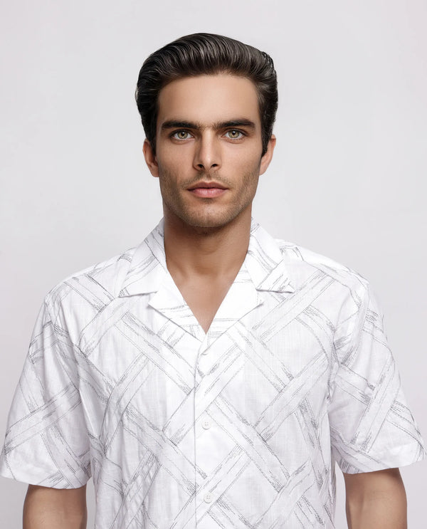 Rare Rabbit Men's Lina White Cotton Fabric Short Sleeve Cuban Neck Button Closure Embroidered Shirt