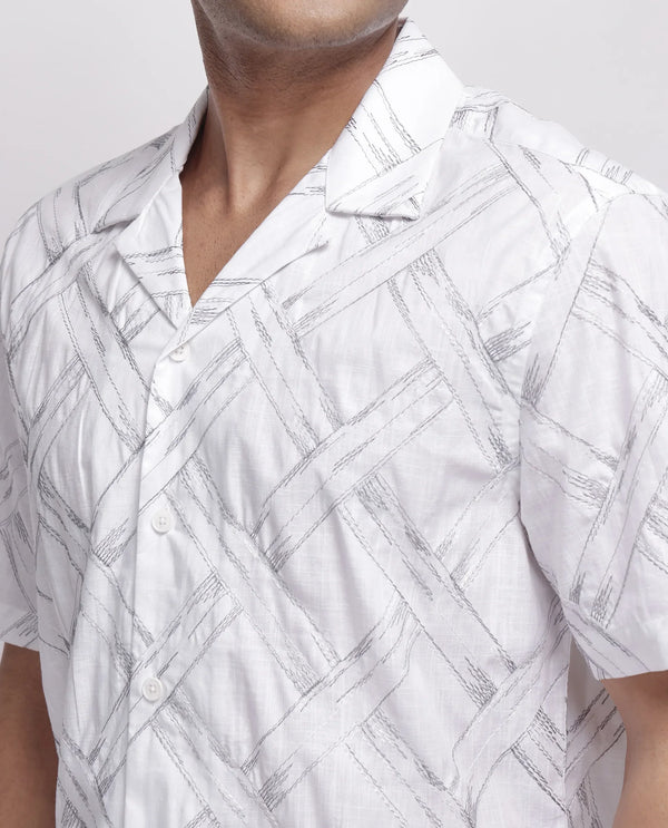 Rare Rabbit Men's Lina White Cotton Fabric Short Sleeve Cuban Neck Button Closure Embroidered Shirt