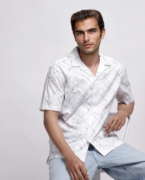 Rare Rabbit Men's Lina White Cotton Fabric Short Sleeve Cuban Neck Button Closure Embroidered Shirt
