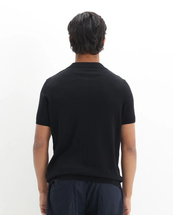 Rare Rabbit Men's Lincos Black Cotton Fabric Collared Neck Half Sleeves Textured Polo T-Shirt