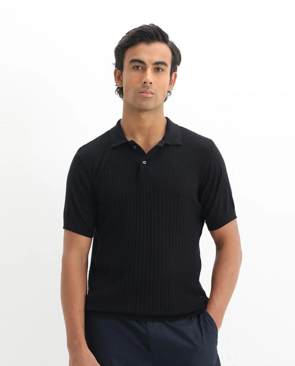 Rare Rabbit Men's Lincos Black Cotton Fabric Collared Neck Half Sleeves Textured Polo T-Shirt