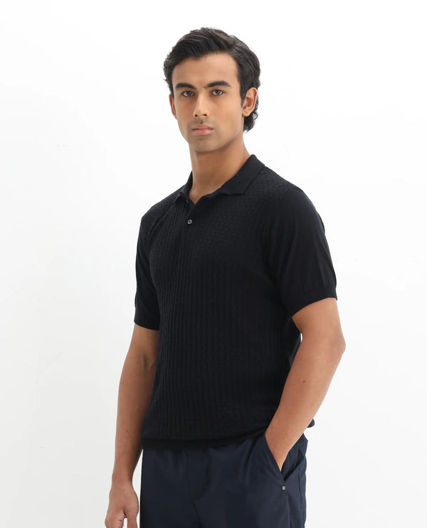Rare Rabbit Men's Lincos Black Cotton Fabric Collared Neck Half Sleeves Textured Polo T-Shirt