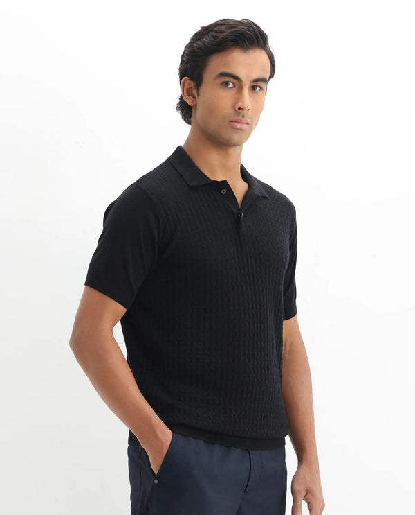 Rare Rabbit Men's Lincos Black Cotton Fabric Collared Neck Half Sleeves Textured Polo T-Shirt