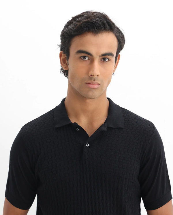 Rare Rabbit Men's Lincos Black Cotton Fabric Collared Neck Half Sleeves Textured Polo T-Shirt
