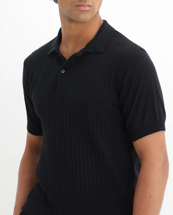 Rare Rabbit Men's Lincos Black Cotton Fabric Collared Neck Half Sleeves Textured Polo T-Shirt