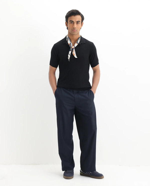 Rare Rabbit Men's Lincos Black Cotton Fabric Collared Neck Half Sleeves Textured Polo T-Shirt