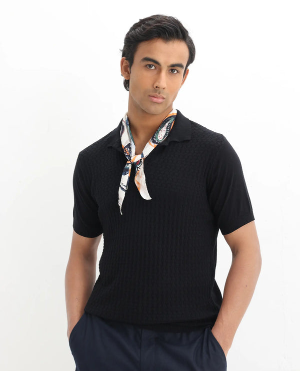 Rare Rabbit Men's Lincos Black Cotton Fabric Collared Neck Half Sleeves Textured Polo T-Shirt