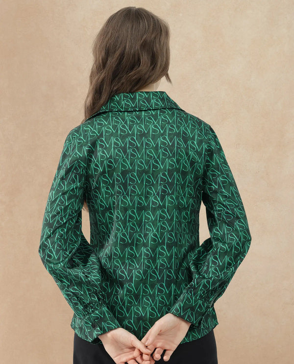 Rareism Women Lindsay Dark Green Polyester Fabric Full Sleeves Button Closure Collared Neck Cuffed Sleeve Regular Fit Monogram Top