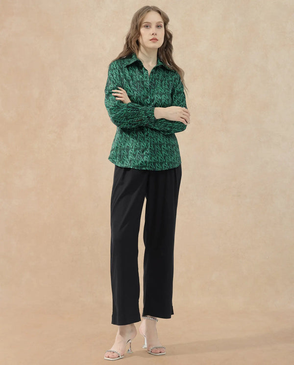 Rareism Women Lindsay Dark Green Polyester Fabric Full Sleeves Button Closure Collared Neck Cuffed Sleeve Regular Fit Monogram Top