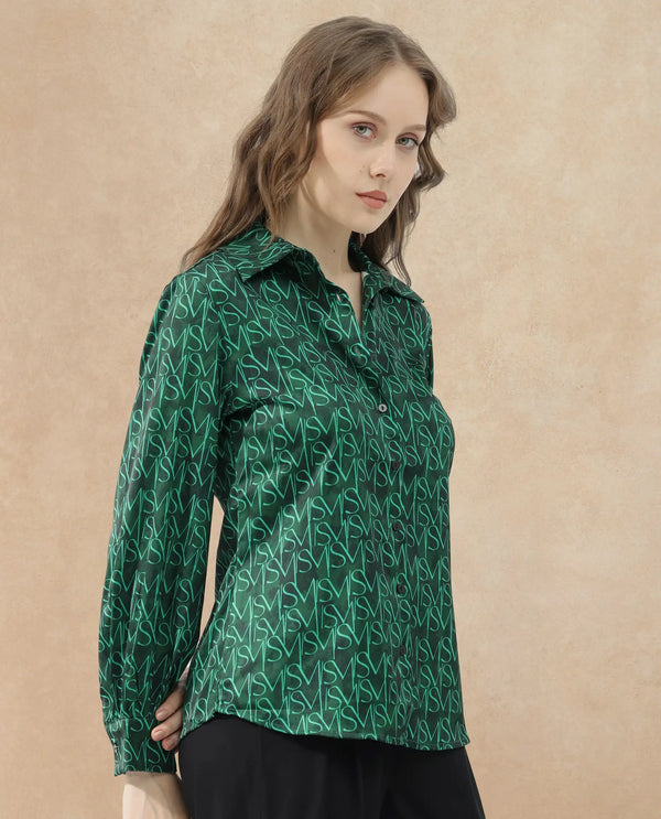 Rareism Women Lindsay Dark Green Polyester Fabric Full Sleeves Button Closure Collared Neck Cuffed Sleeve Regular Fit Monogram Top