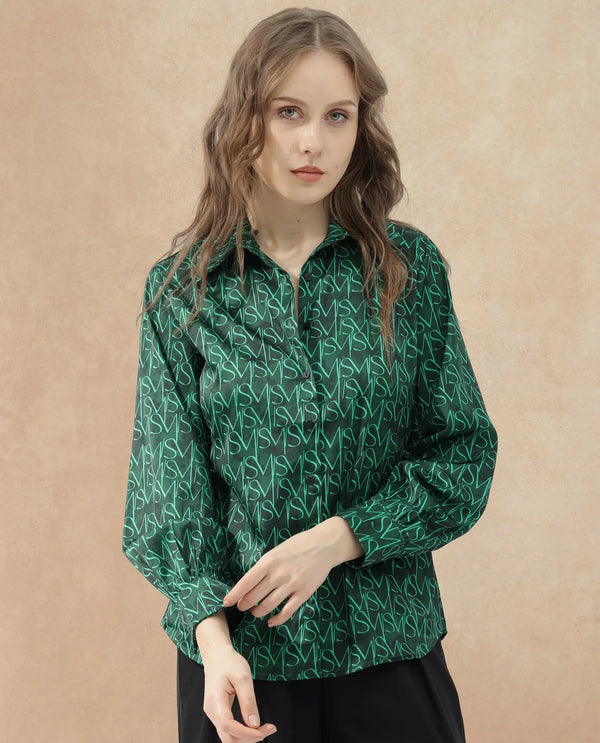 Rareism Women Lindsay Dark Green Polyester Fabric Full Sleeves Button Closure Collared Neck Cuffed Sleeve Regular Fit Monogram Top