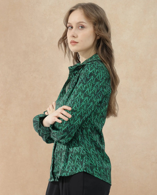 Rareism Women Lindsay Dark Green Polyester Fabric Full Sleeves Button Closure Collared Neck Cuffed Sleeve Regular Fit Monogram Top
