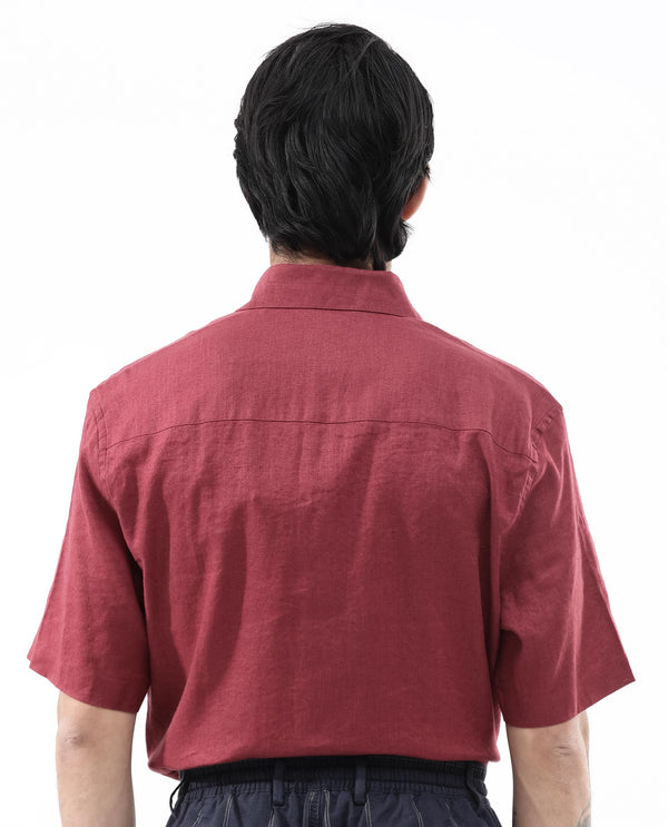 Rare Rabbit Men's Linex-1 SS Red Linen Excel Fabric Half Sleeves Boxy Fit Solid Shirt