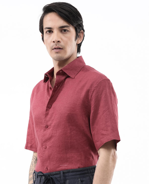 Rare Rabbit Men's Linex-1 SS Red Linen Excel Fabric Half Sleeves Boxy Fit Solid Shirt