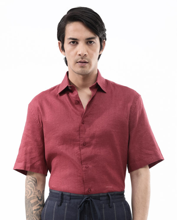 Rare Rabbit Men's Linex-1 SS Red Linen Excel Fabric Half Sleeves Boxy Fit Solid Shirt