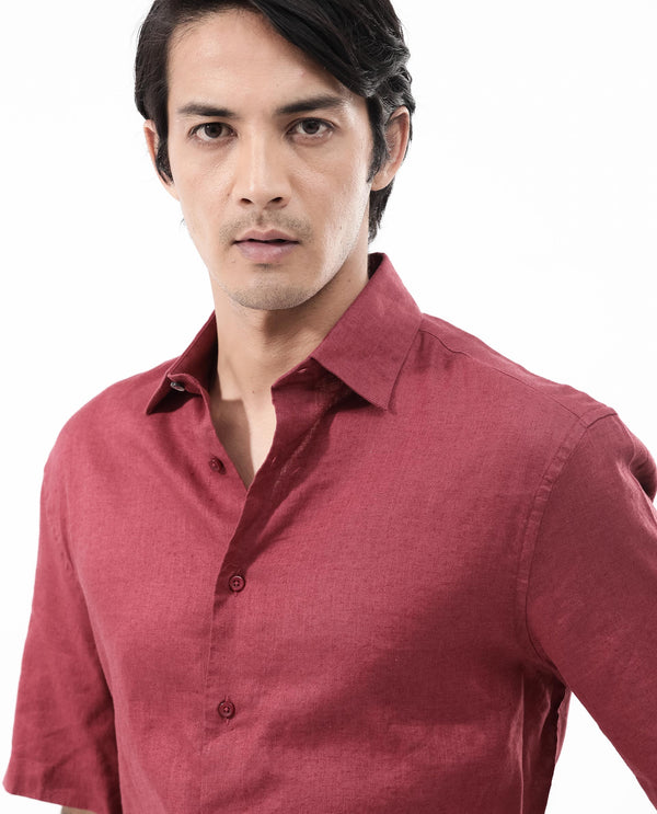 Rare Rabbit Men's Linex-1 SS Red Linen Excel Fabric Half Sleeves Boxy Fit Solid Shirt