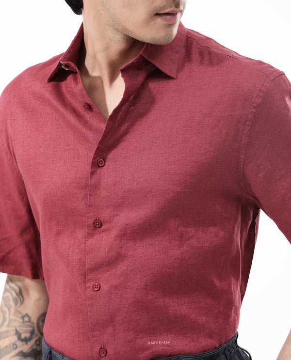 Rare Rabbit Men's Linex-1 SS Red Linen Excel Fabric Half Sleeves Boxy Fit Solid Shirt