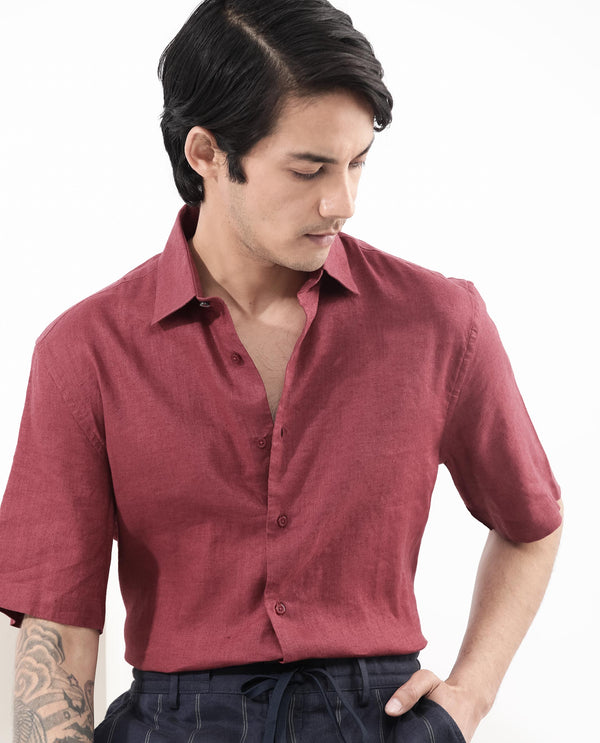 Rare Rabbit Men's Linex-1 SS Red Linen Excel Fabric Half Sleeves Boxy Fit Solid Shirt