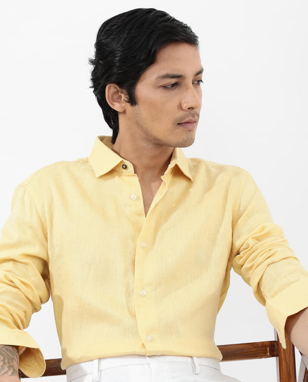 Rare Rabbit Mens Linex-1 Yellow Linen Excel Fabric Regular Collar Full Sleeve Regular Fit Solid Shirt