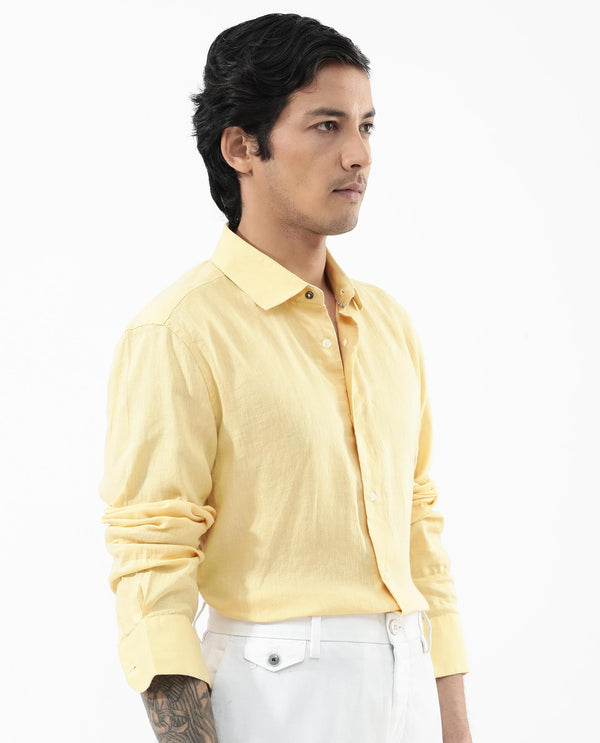 Rare Rabbit Mens Linex-1 Yellow Linen Excel Fabric Regular Collar Full Sleeve Regular Fit Solid Shirt