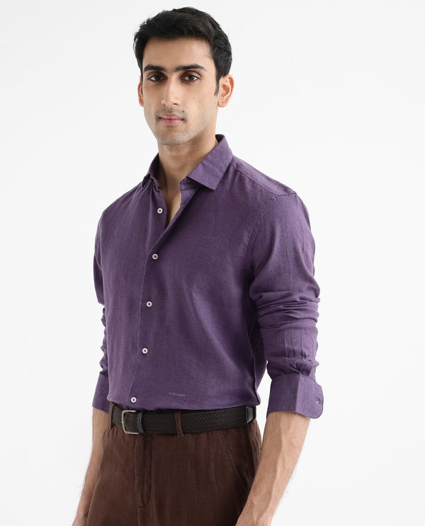 Rare Rabbit Men's Linex-1 Purple Linen Excel Fabric Full Sleeves Regular Fit Solid Shirt