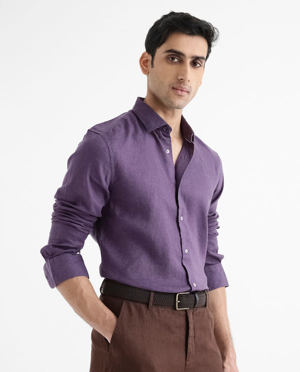 Rare Rabbit Men's Linex-1 Purple Linen Excel Fabric Full Sleeves Regular Fit Solid Shirt