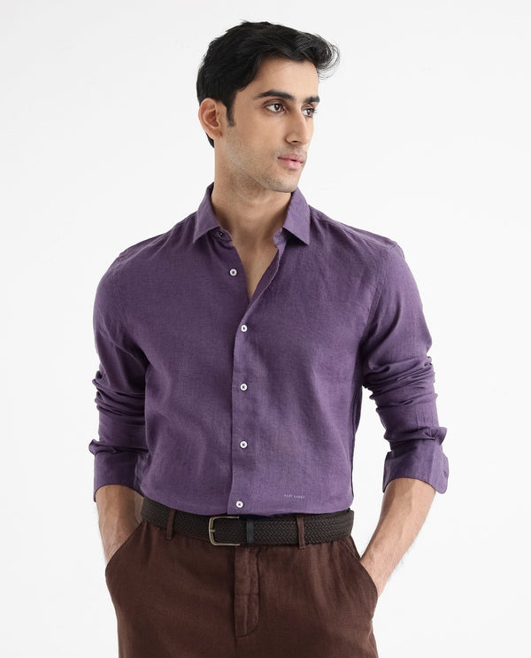 Rare Rabbit Men's Linex-1 Purple Linen Excel Fabric Full Sleeves Regular Fit Solid Shirt