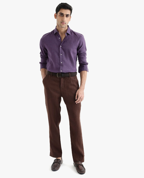 Rare Rabbit Men's Linex-1 Purple Linen Excel Fabric Full Sleeves Regular Fit Solid Shirt