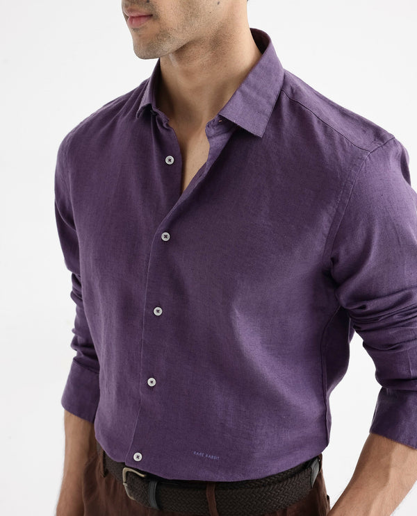 Rare Rabbit Men's Linex-1 Purple Linen Excel Fabric Full Sleeves Regular Fit Solid Shirt