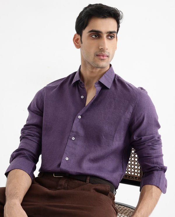 Rare Rabbit Men's Linex-1 Purple Linen Excel Fabric Full Sleeves Regular Fit Solid Shirt