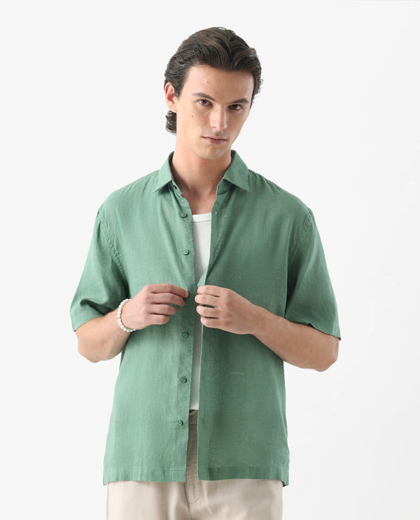 Rare Rabbit Mens Linex-1 SS Light Green Linen Excel Fabric Regular Fabric Short Sleeve Boxy Fit Solid Shirt