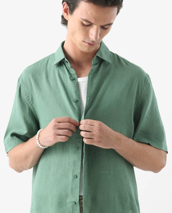 Rare Rabbit Mens Linex-1 SS Light Green Linen Excel Fabric Regular Fabric Short Sleeve Boxy Fit Solid Shirt