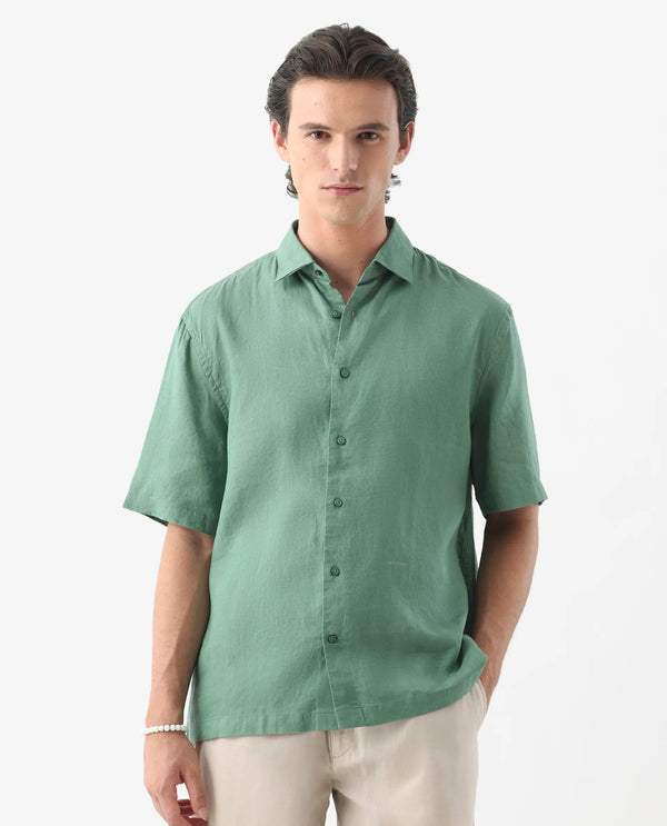 Rare Rabbit Mens Linex-1 SS Light Green Linen Excel Fabric Regular Fabric Short Sleeve Boxy Fit Solid Shirt