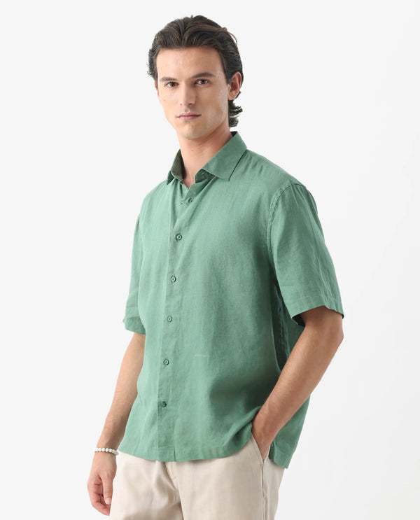 Rare Rabbit Mens Linex-1 SS Light Green Linen Excel Fabric Regular Fabric Short Sleeve Boxy Fit Solid Shirt