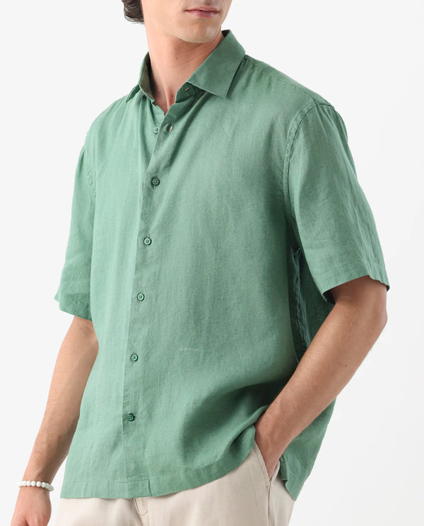 Rare Rabbit Mens Linex-1 SS Light Green Linen Excel Fabric Regular Fabric Short Sleeve Boxy Fit Solid Shirt