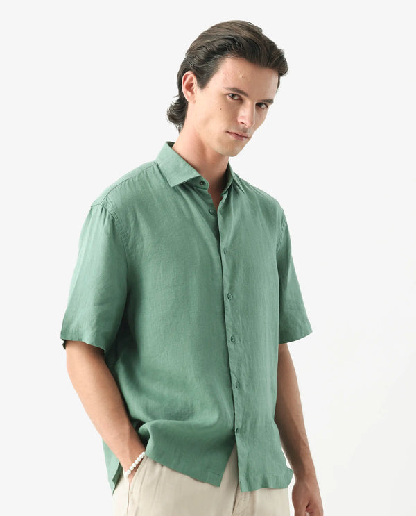 Rare Rabbit Mens Linex-1 SS Light Green Linen Excel Fabric Regular Fabric Short Sleeve Boxy Fit Solid Shirt