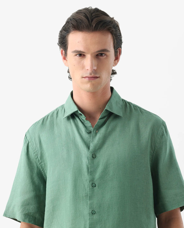 Rare Rabbit Mens Linex-1 SS Light Green Linen Excel Fabric Regular Fabric Short Sleeve Boxy Fit Solid Shirt