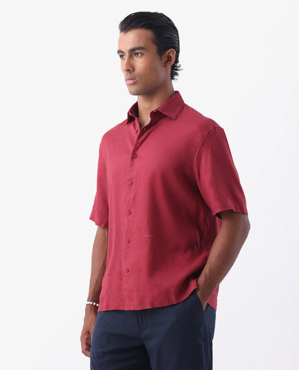 Rare Rabbit Men's Linex-1 SS Red Linen Excel Fabric Half Sleeves Boxy Fit Solid Shirt