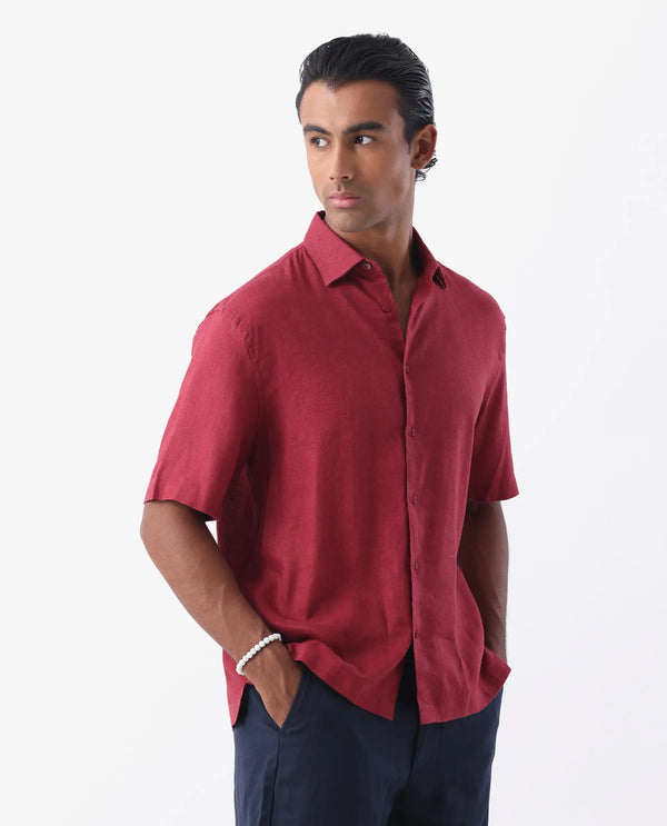 Rare Rabbit Men's Linex-1 SS Red Linen Excel Fabric Half Sleeves Boxy Fit Solid Shirt