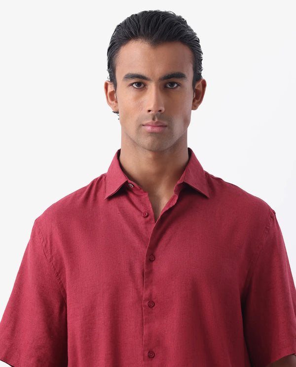 Rare Rabbit Men's Linex-1 SS Red Linen Excel Fabric Half Sleeves Boxy Fit Solid Shirt
